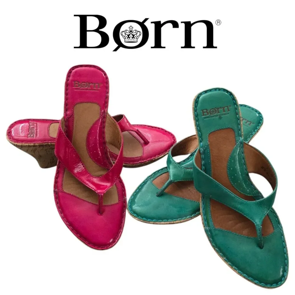 2 Pairs of Born Hot Pink & Teal Turquoise Leather Cork Wedge Sandal Shoes - Picture 1 of 5